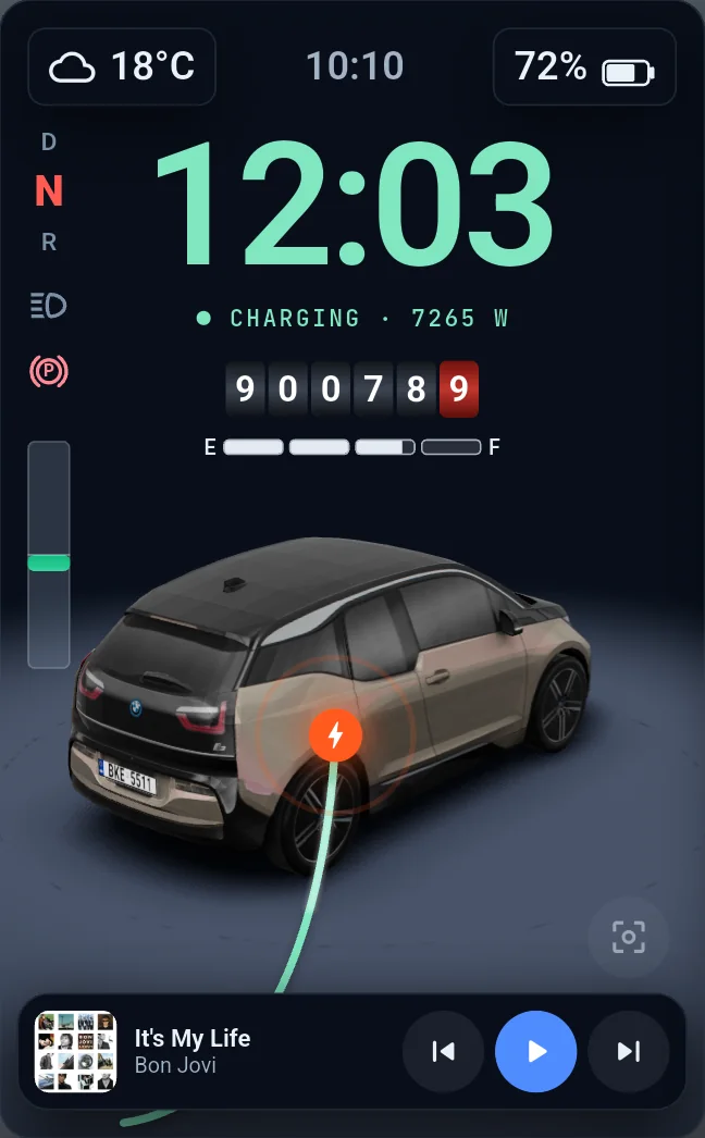 The charging screen: the i3 shows its port with a glowing cable, charging at 7265 W