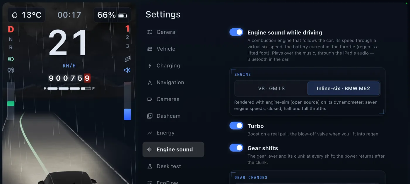 The engine sound settings next to the car panel showing the gears 1, 2 and 3